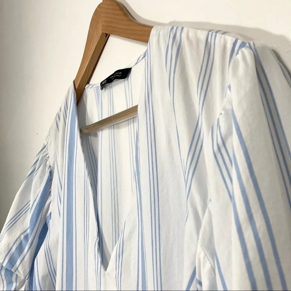 Zara V-Neck Striped Balloon Sleeve High Low Blouse Size M - Picture 5 of 15